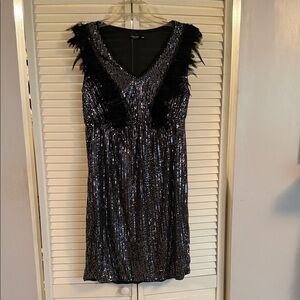 SHEIN Black Sequin V-Neck Mini Dress with Feather Trim